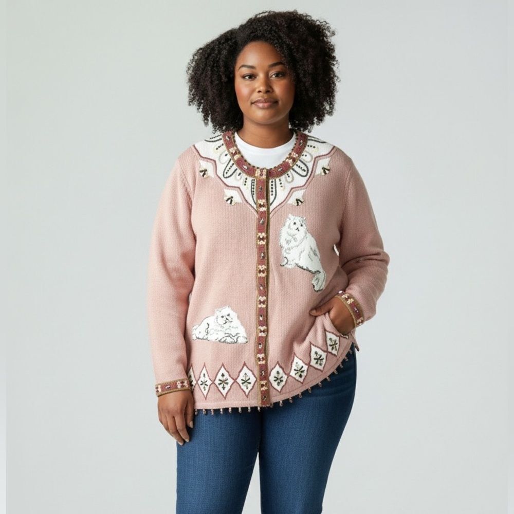 NWT Storybook Knits Cats Design Cardigan Pink Beaded Cotton size 1X Vintage - Picture 1 of 16
